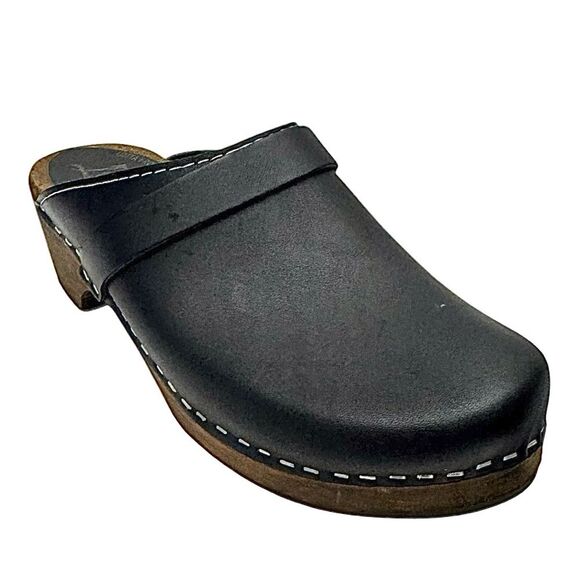 Lotta From Stockholm Black Leather Clogs w/ Brown Base EU 38 US 7.5 Strap EUC - Picture 2 of 11